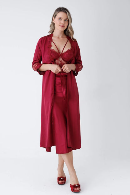 Maroon Guipure Detailed 6-Piece Satin Nightgown Dressing Gown Set